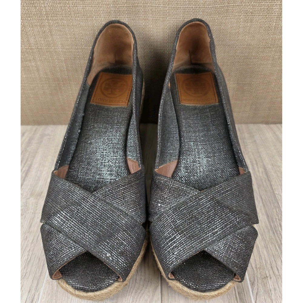 Tory Burch Filipa Pewter Metallic Linen Espadrille‎ Wedge Peep Toe Sandals 7.5B